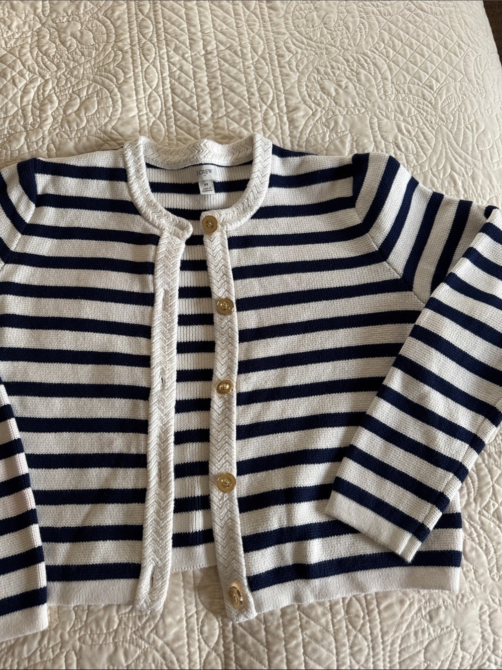 J. Crew Navy and White Striped Cropped Cardigan